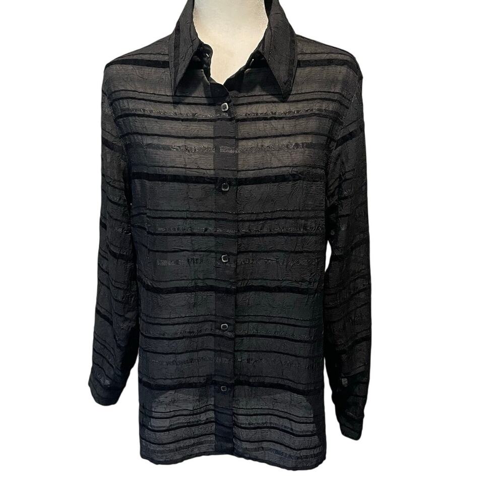 Coldwater Creek Semi Sheer Tunic Top Sz M Black Button Up Woven Ribbon Neutral